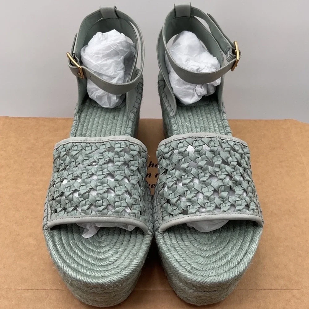 Tory Burch Selby Sage Green Woven Leather Espadrille Wedge Sandals Size 12
